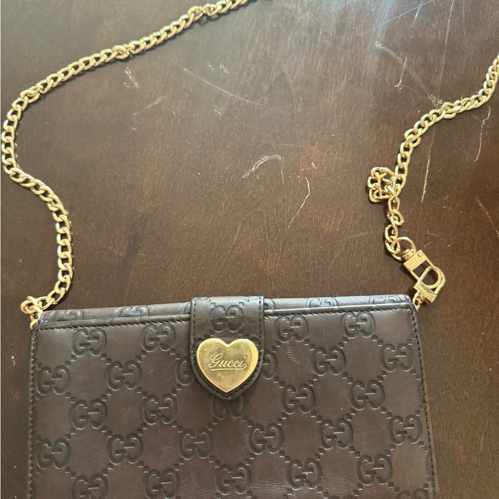 Gucci Brown and Gold Clutch with Heart Detail
